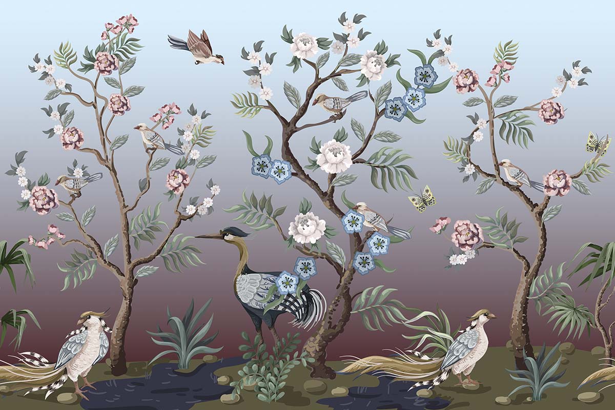 A wallpaper with birds and flowers