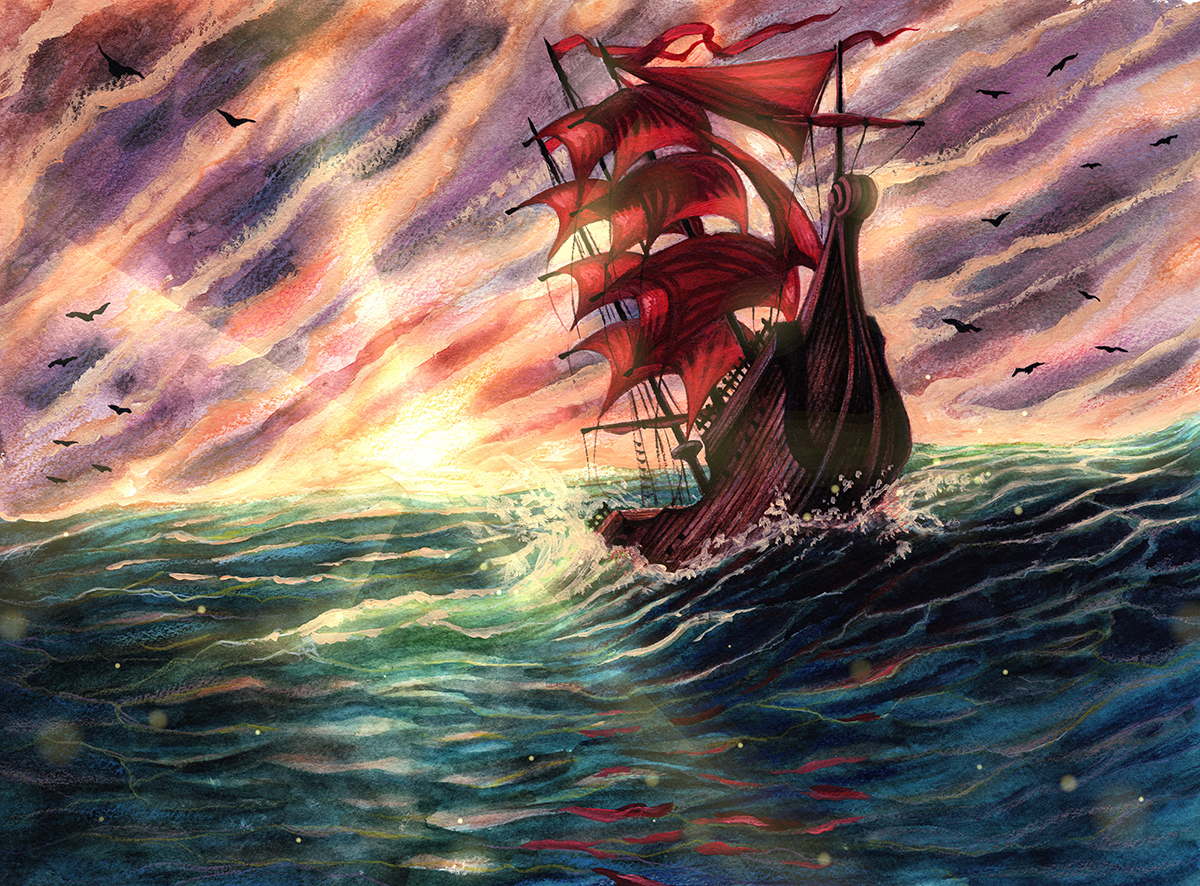 A painting of a ship in the ocean