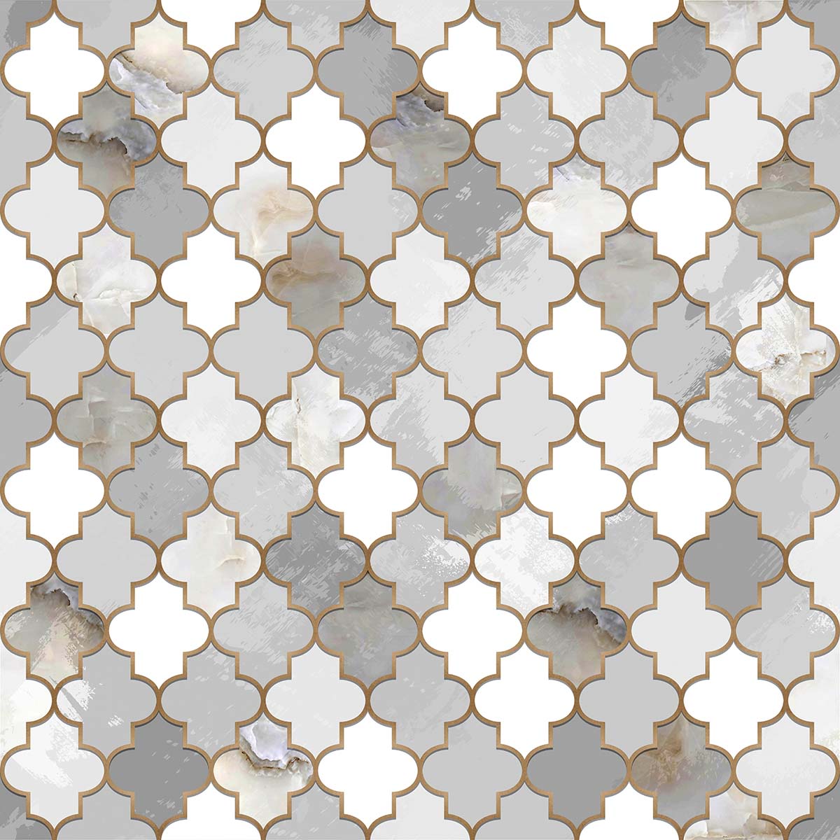 A grey and white tile with gold trim