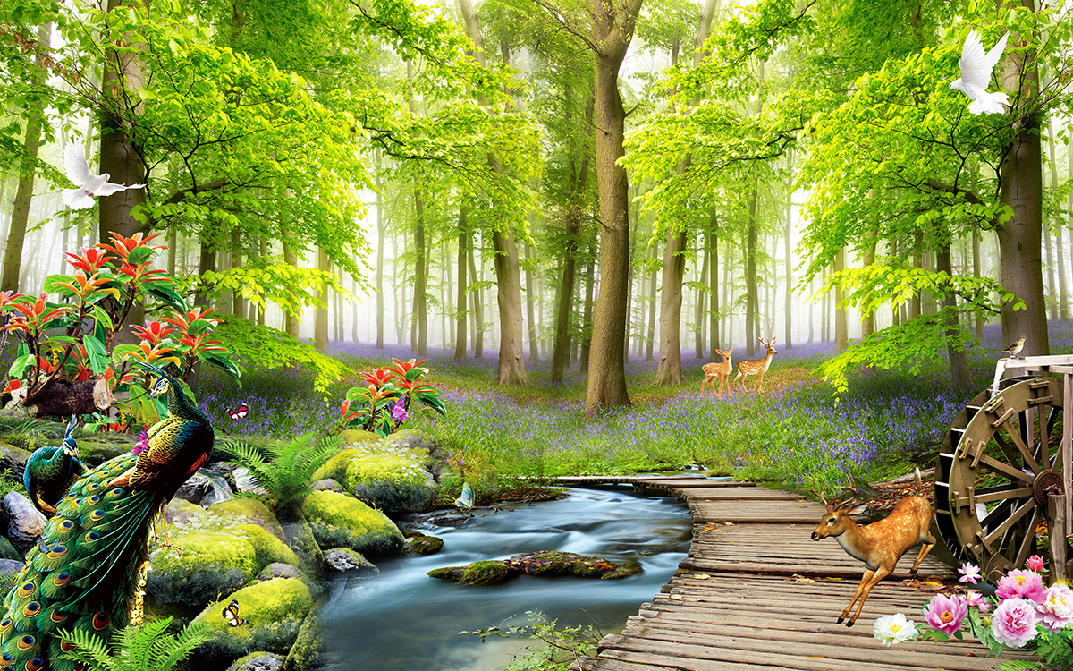 A wood bridge over a stream in a forest