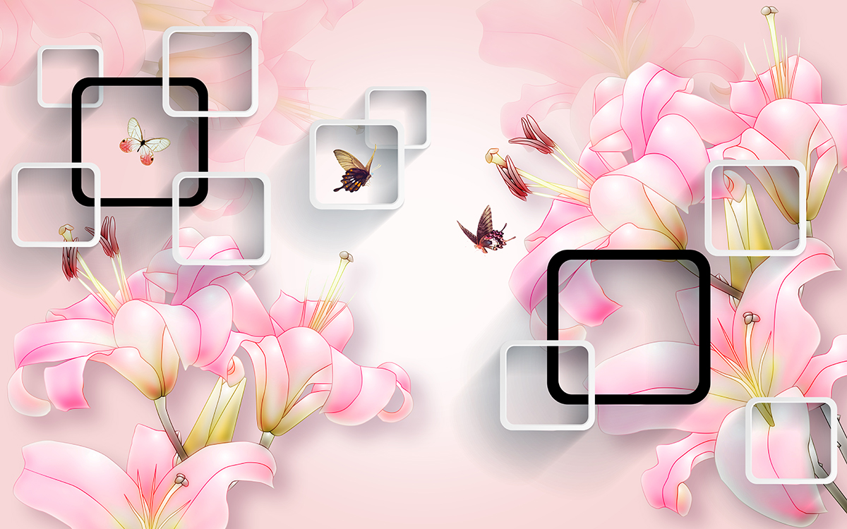 A pink flowers and butterflies on a pink background