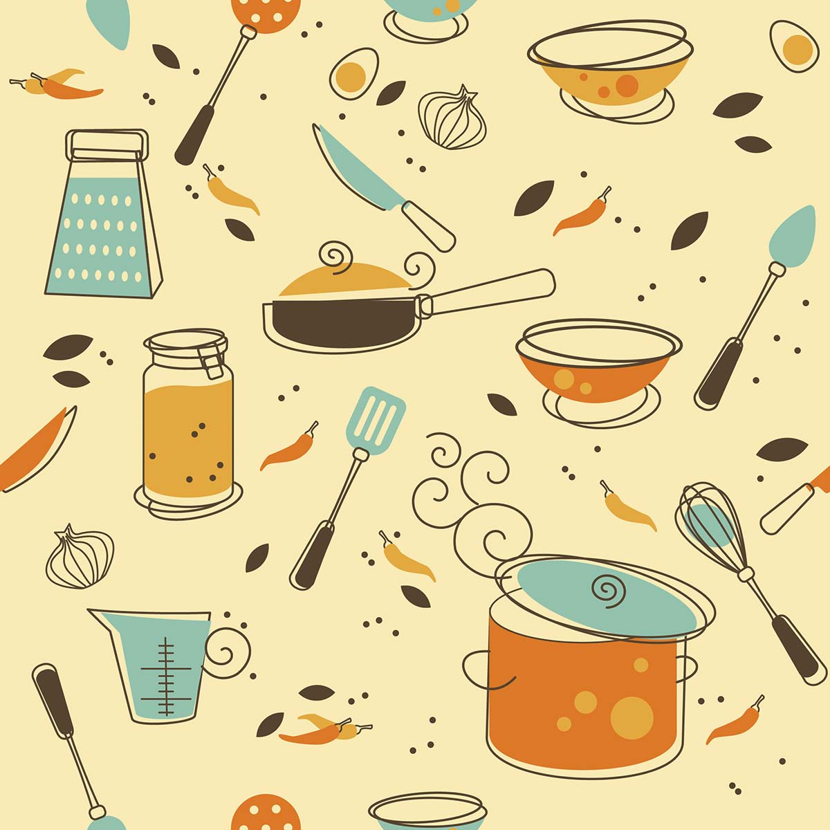 A pattern of kitchen utensils and pots