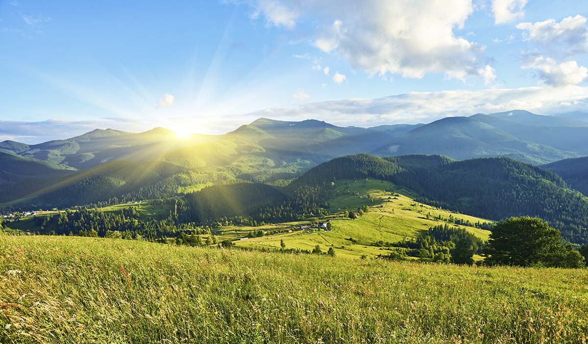 A green hills with trees and a small village in the distance