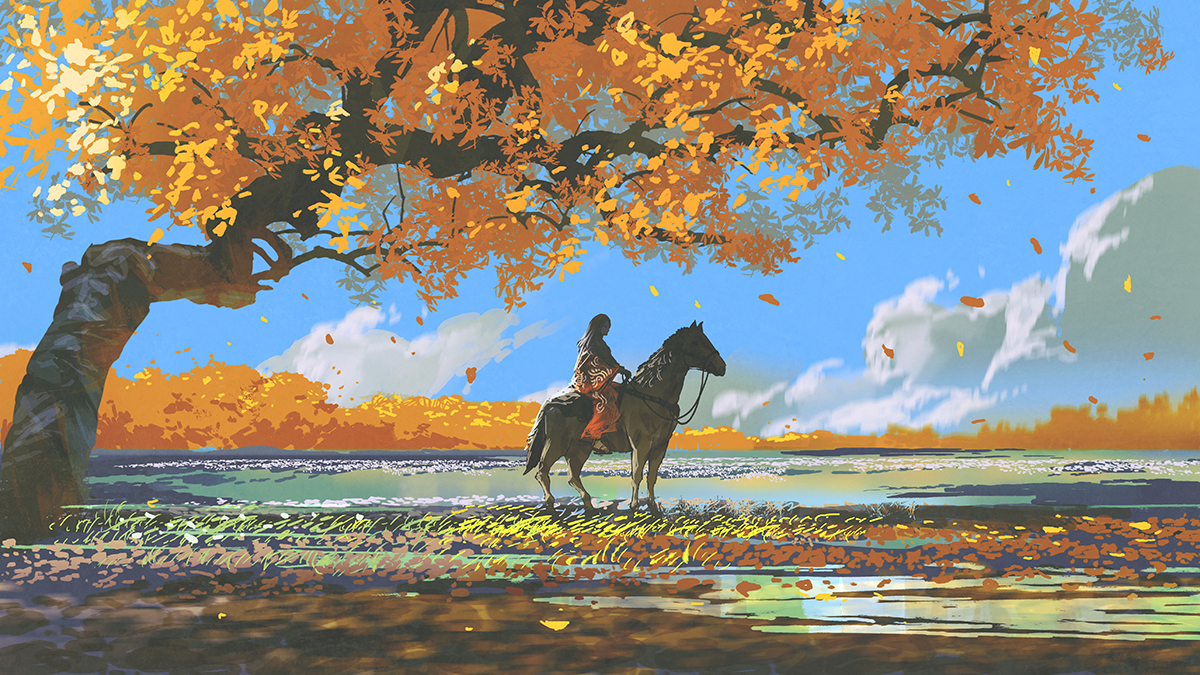 A woman riding a horse under a tree