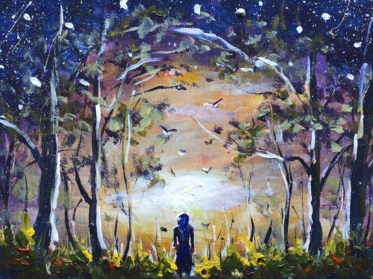 A painting of a woman standing in a forest
