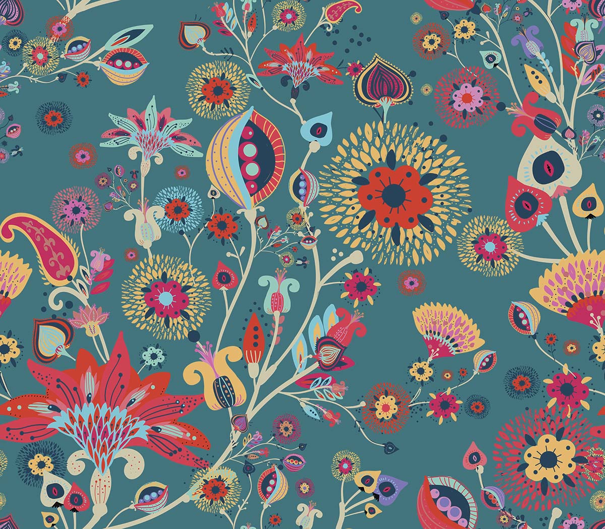 A colorful floral pattern on a teal background