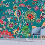 A colorful floral pattern on a teal background