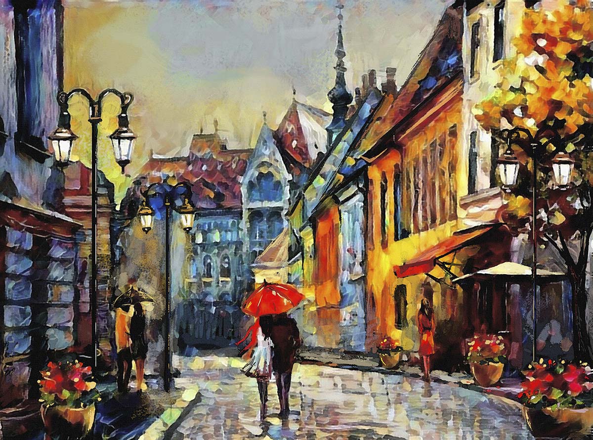 A painting of a street with people walking with umbrellas