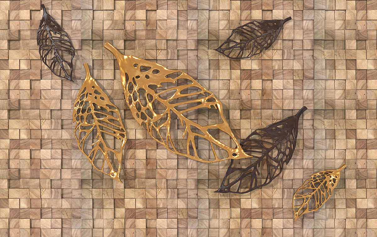 A gold and black leaves on a tile surface