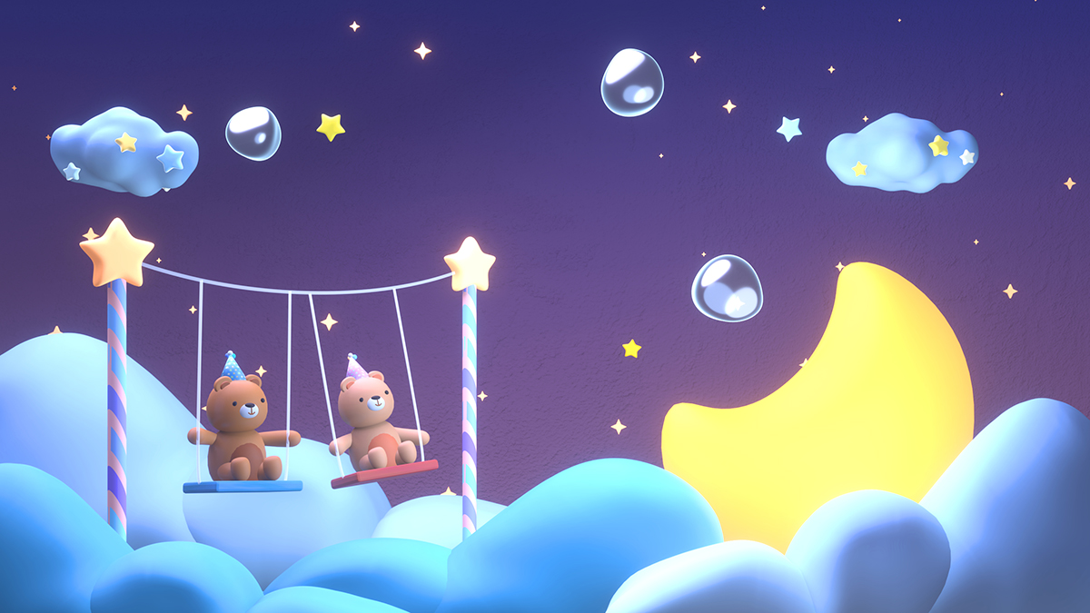 A cartoon scene of a swing with teddy bears and a star