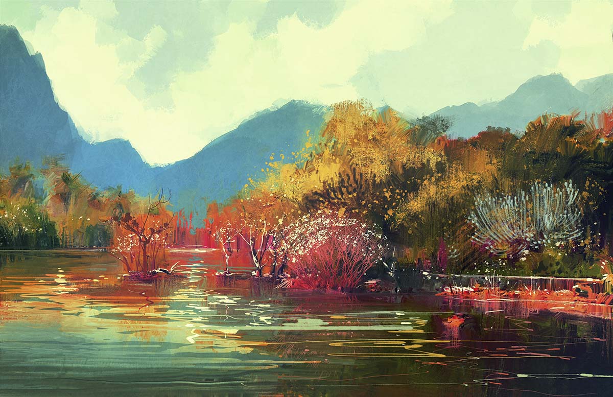 A painting of a lake with trees and mountains in the background