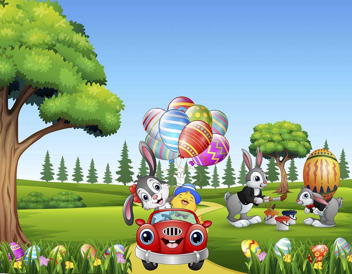 Cartoon bunnies and chicks on a road with balloons