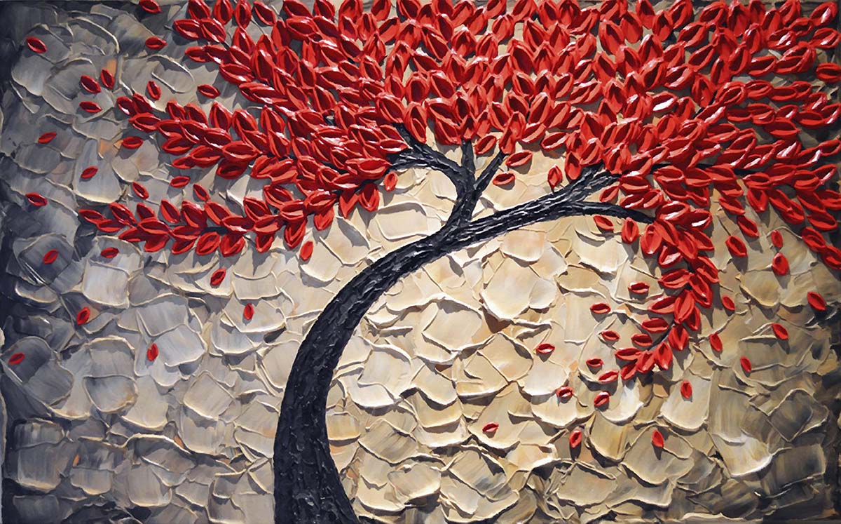 A painting of a tree with red leaves
