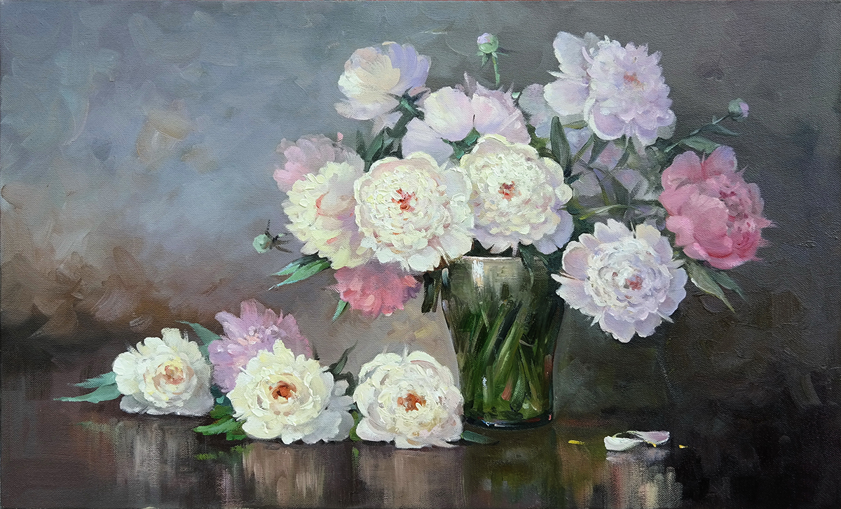 A painting of flowers in a vase