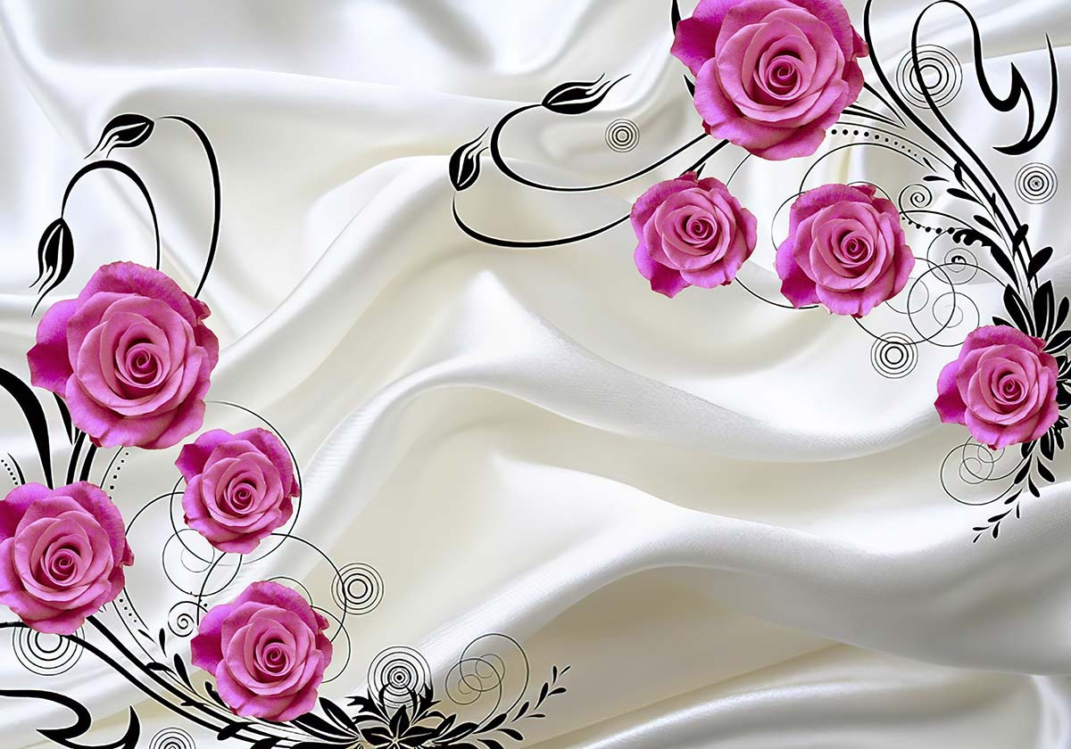 A white satin with pink roses and black swirls