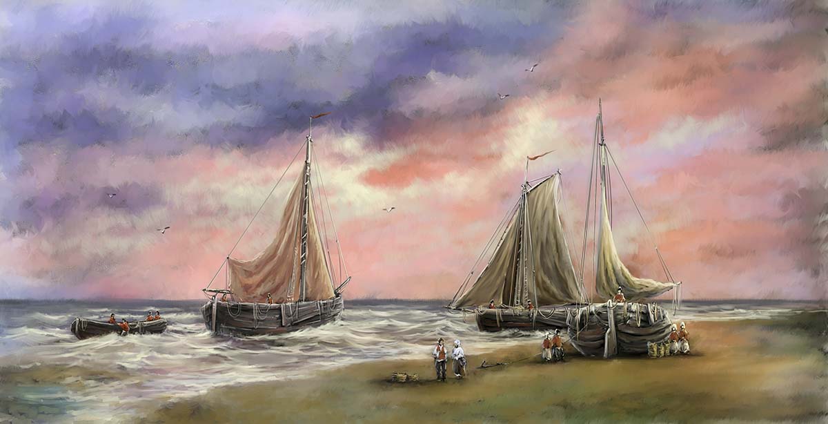 A painting of several boats on a beach