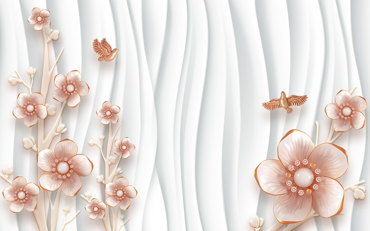 A white wallpaper with flowers and birds