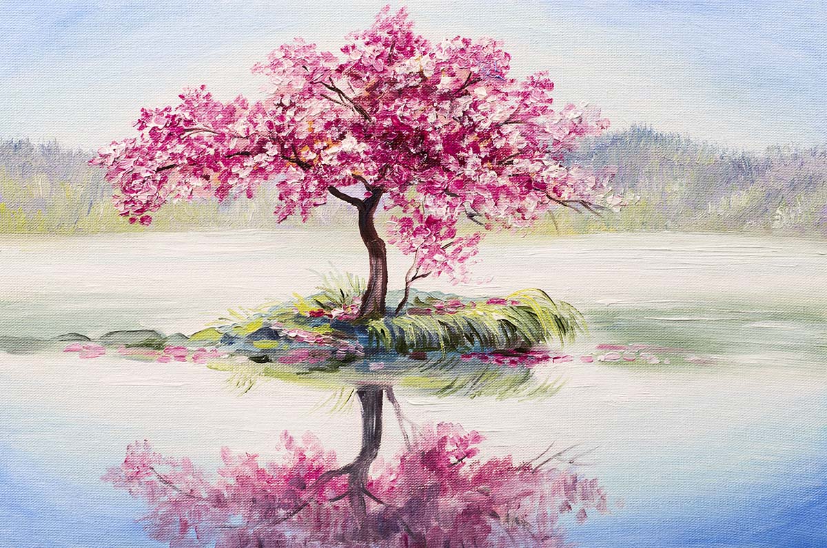 A painting of a tree in a lake
