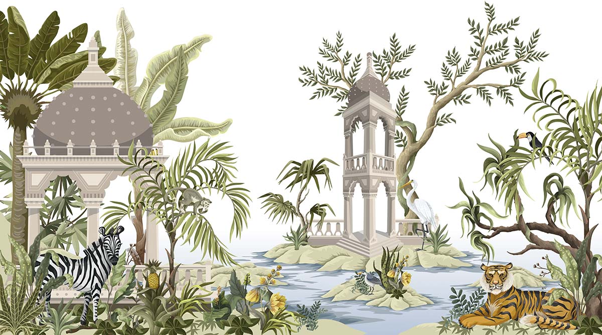 A wallpaper with a water body and a tower and trees