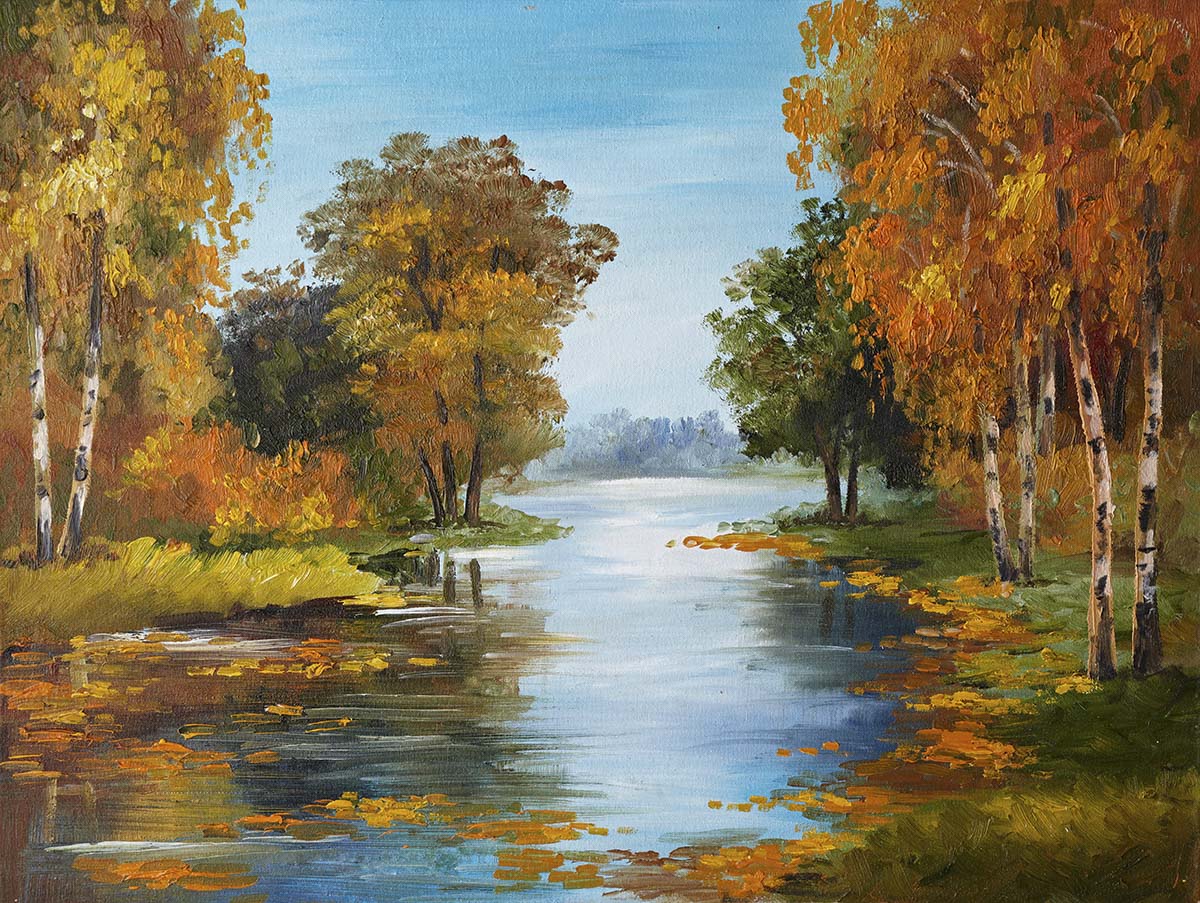 A painting of a river with trees and grass