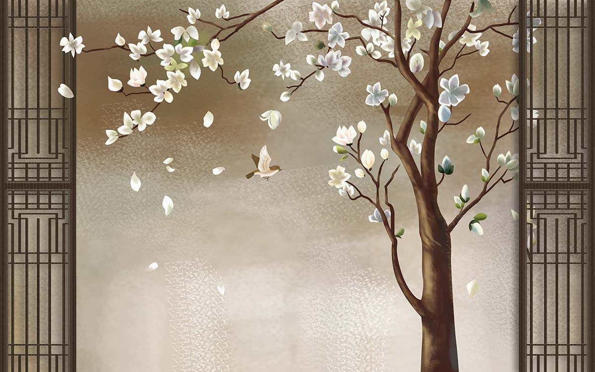 A tree with white flowers and a bird flying