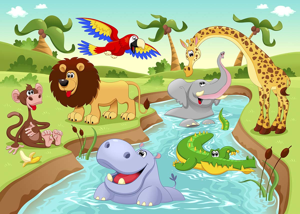 A cartoon of animals in a pond