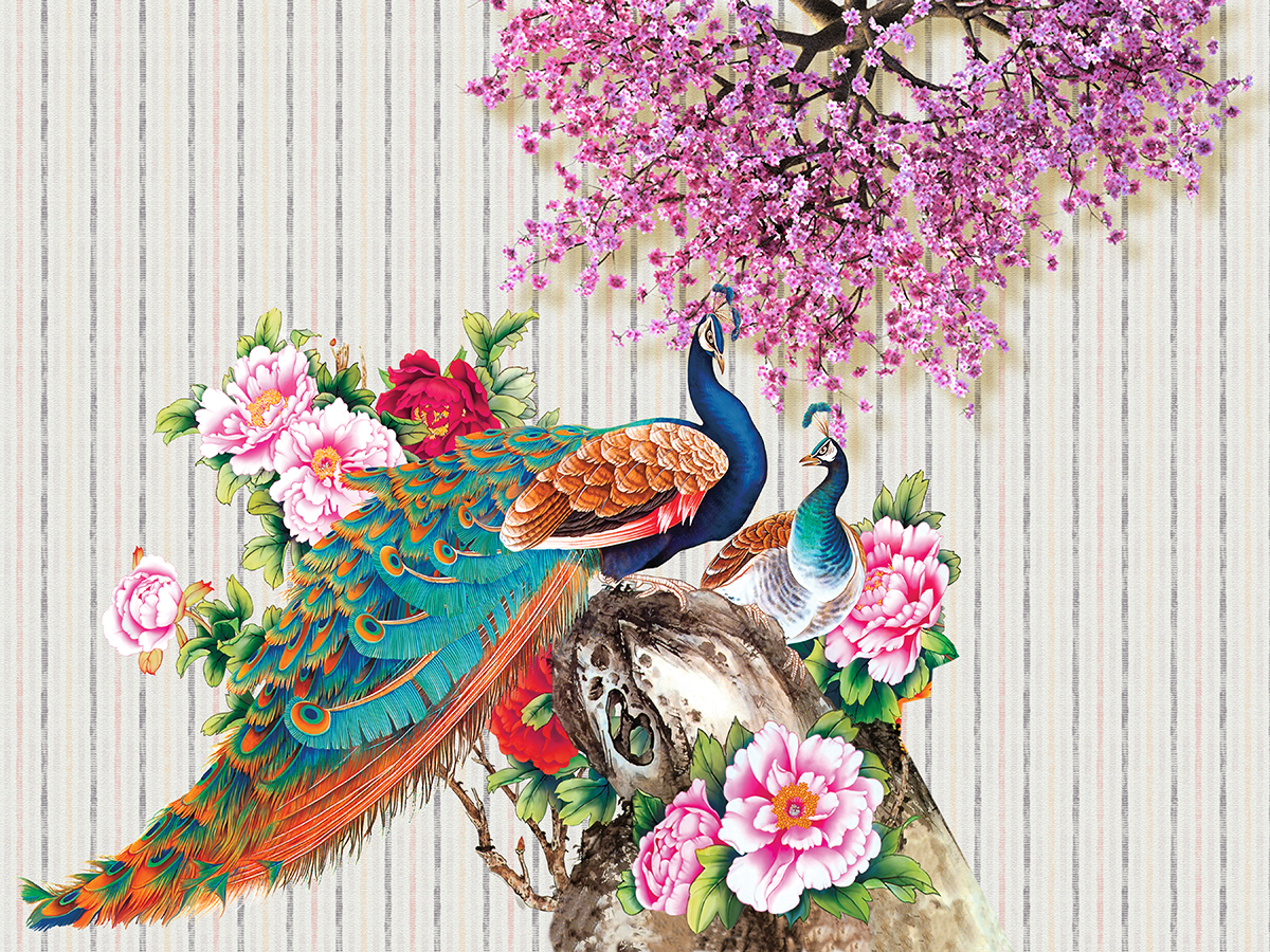 A painting of peacocks and flowers