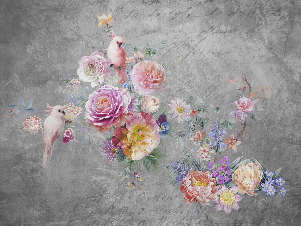 A painting of flowers and birds