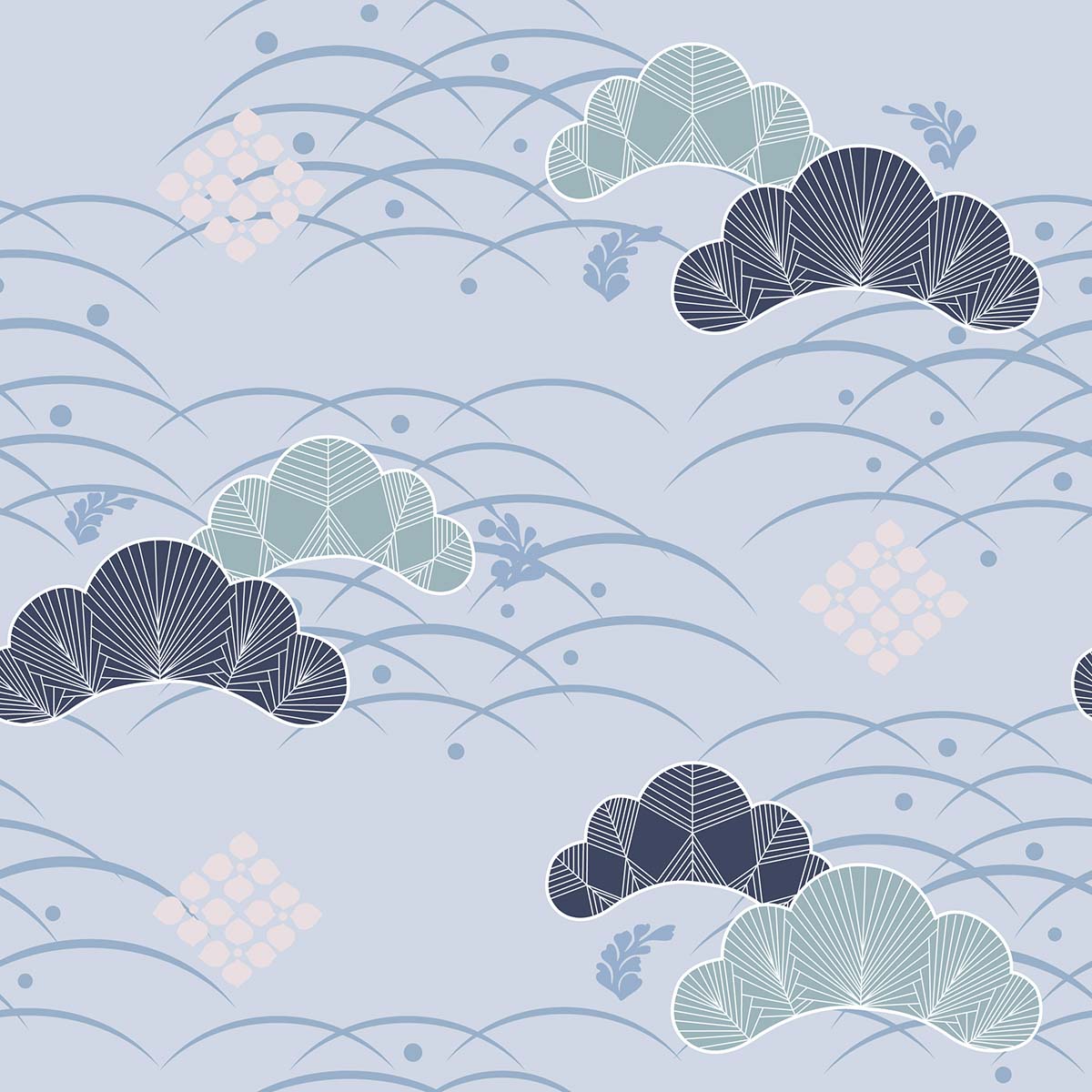 A blue and white pattern with blue and pink clouds