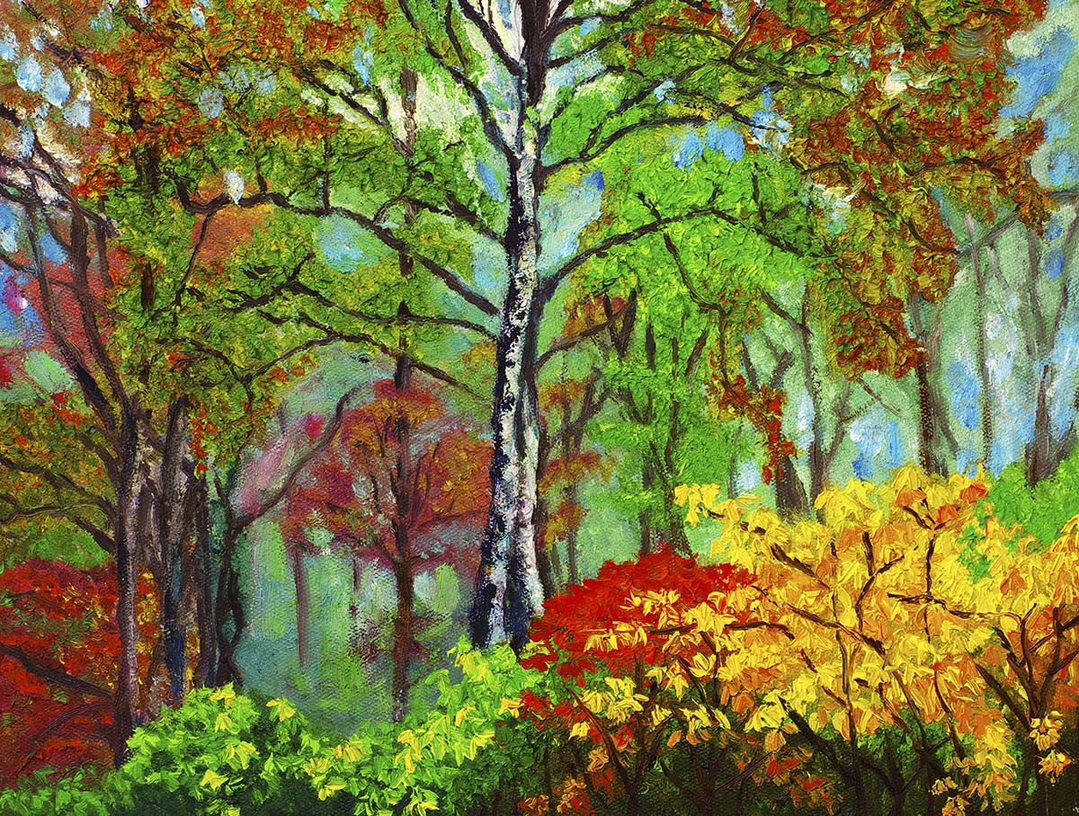 A painting of trees with different colors of leaves
