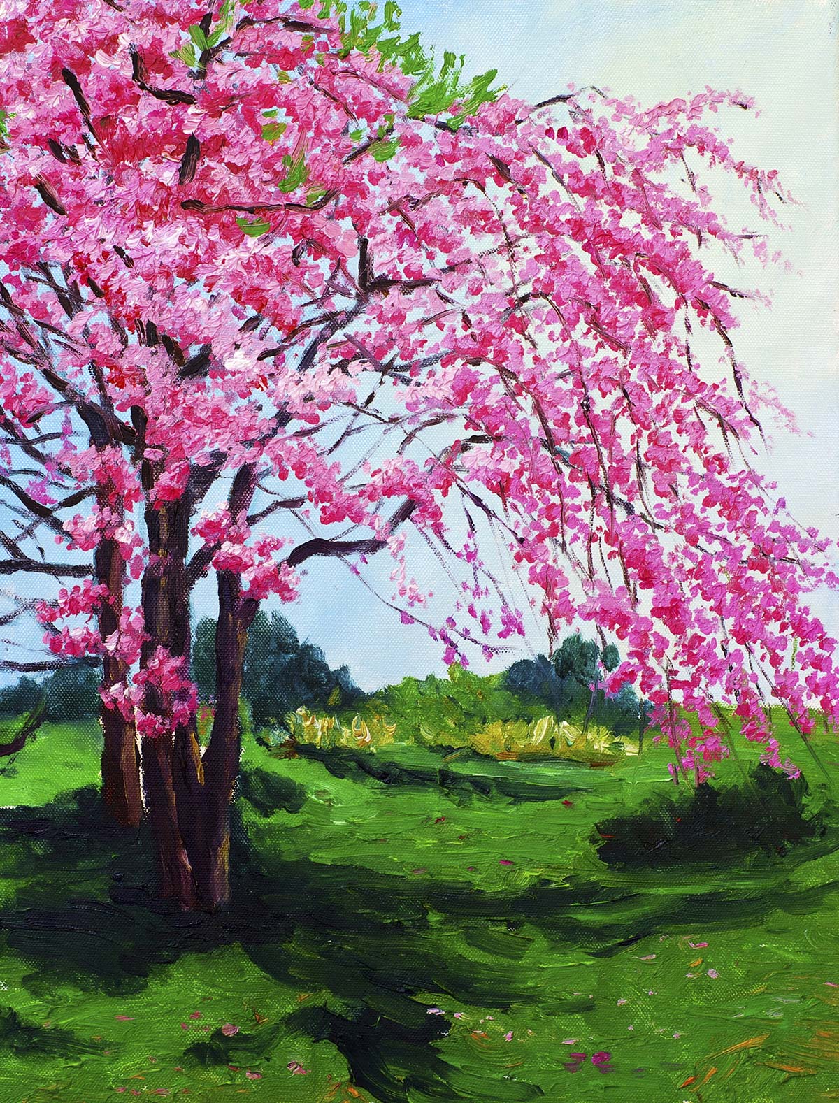 A painting of a tree with pink flowers