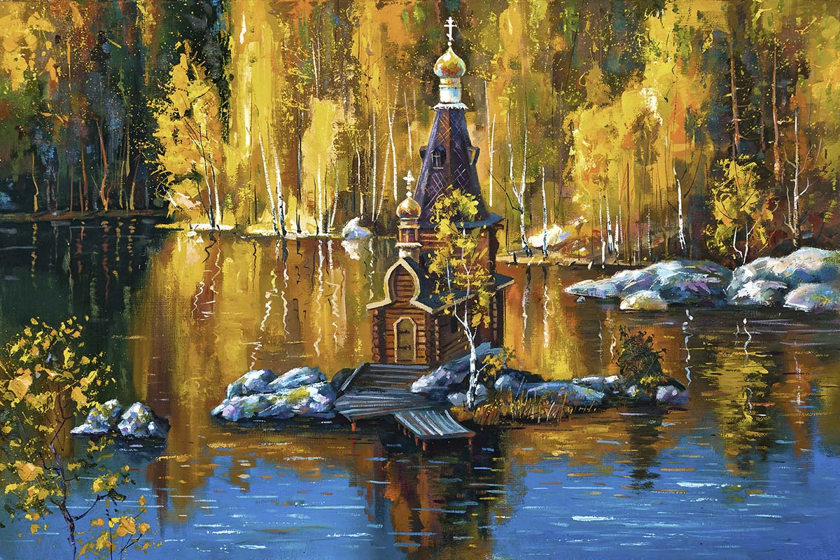 A painting of a church on a lake