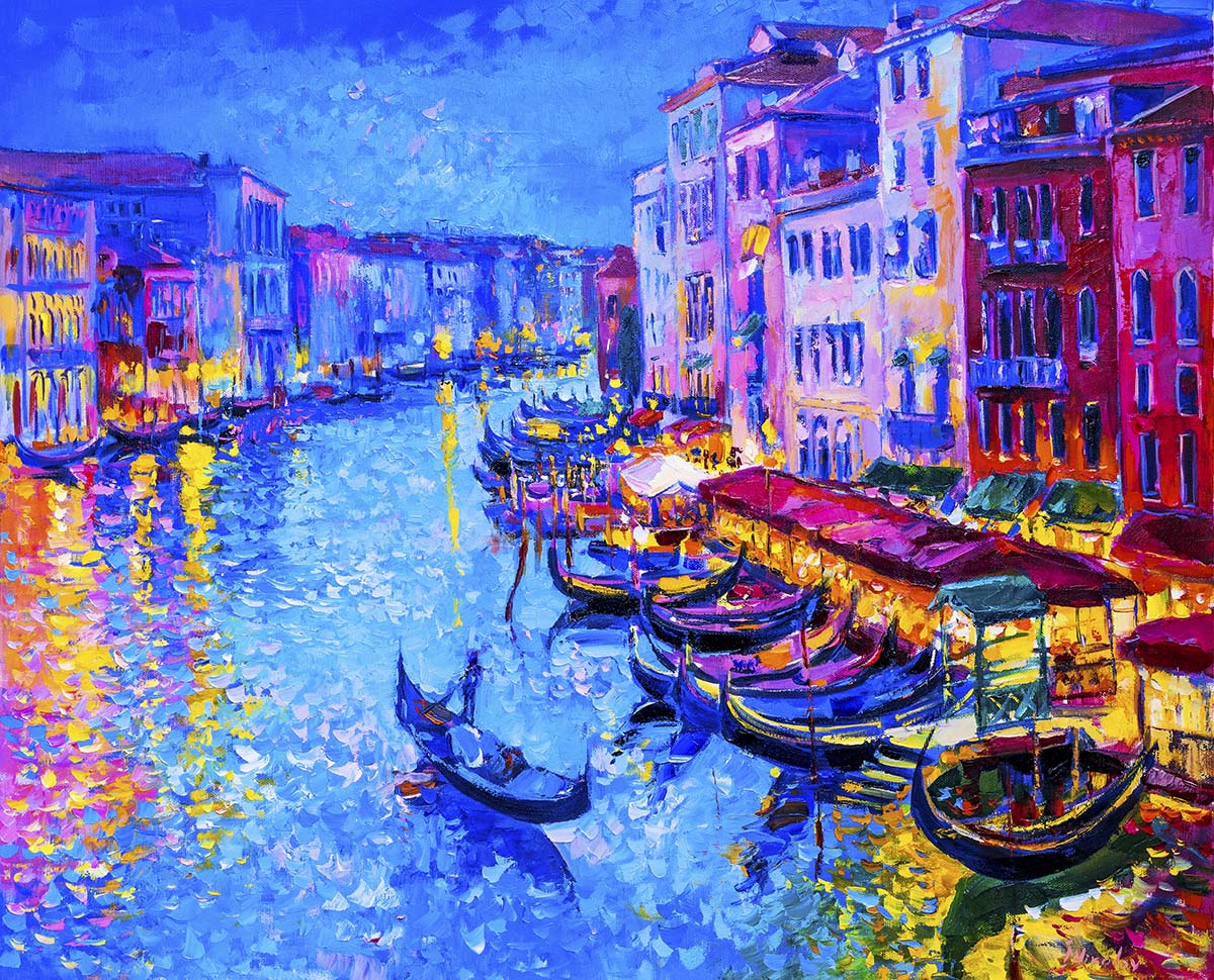 A painting of a canal with boats and buildings
