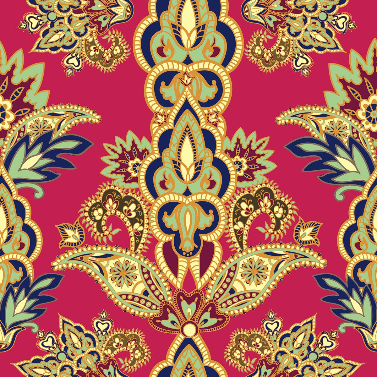 A colorful paisley pattern on a red background