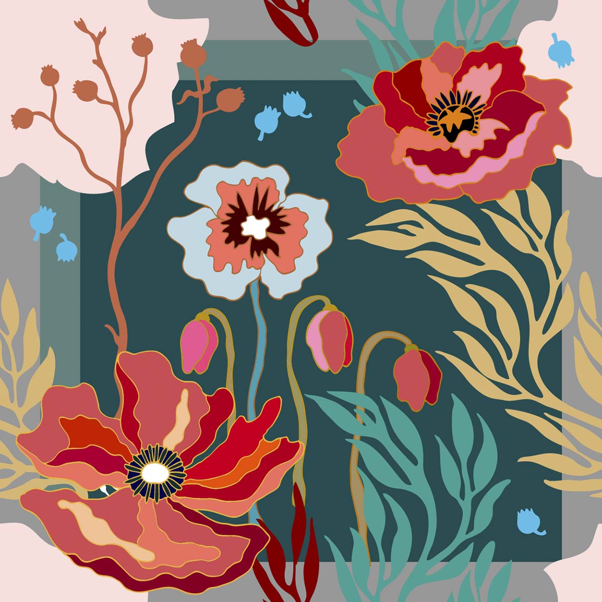 A colorful floral design on a square