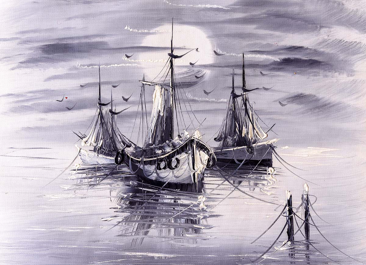 A painting of boats in the water