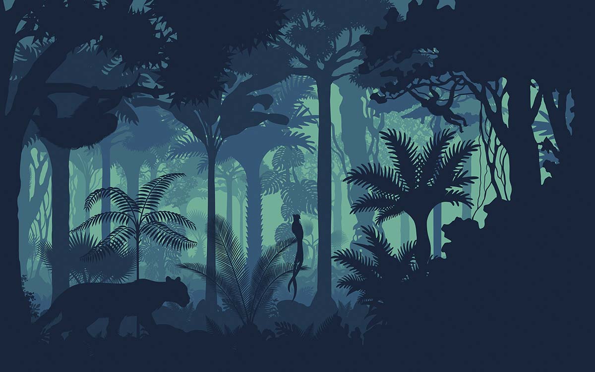 A silhouette of a jungle with trees and plants