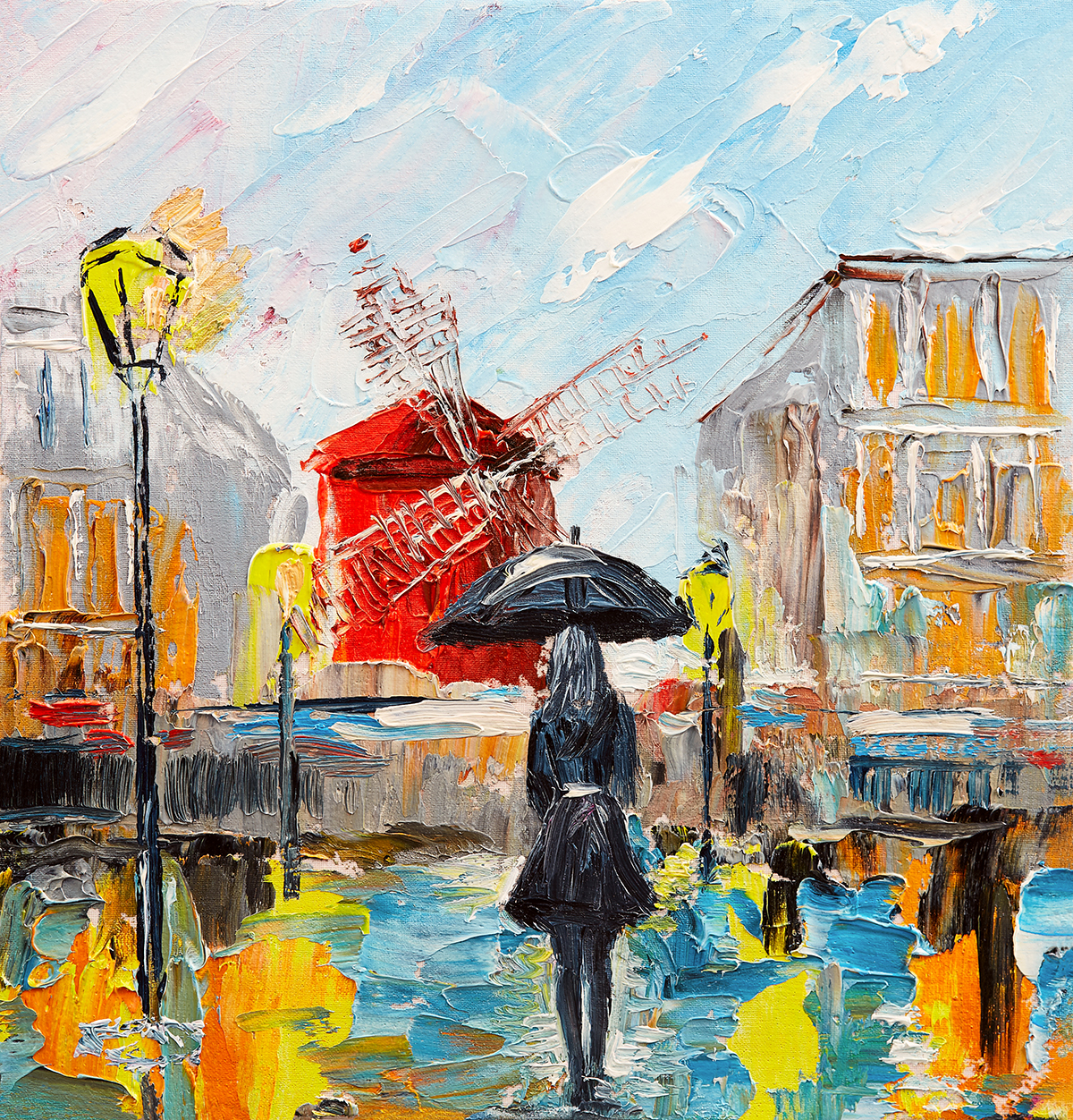 A painting of a woman walking with an umbrella