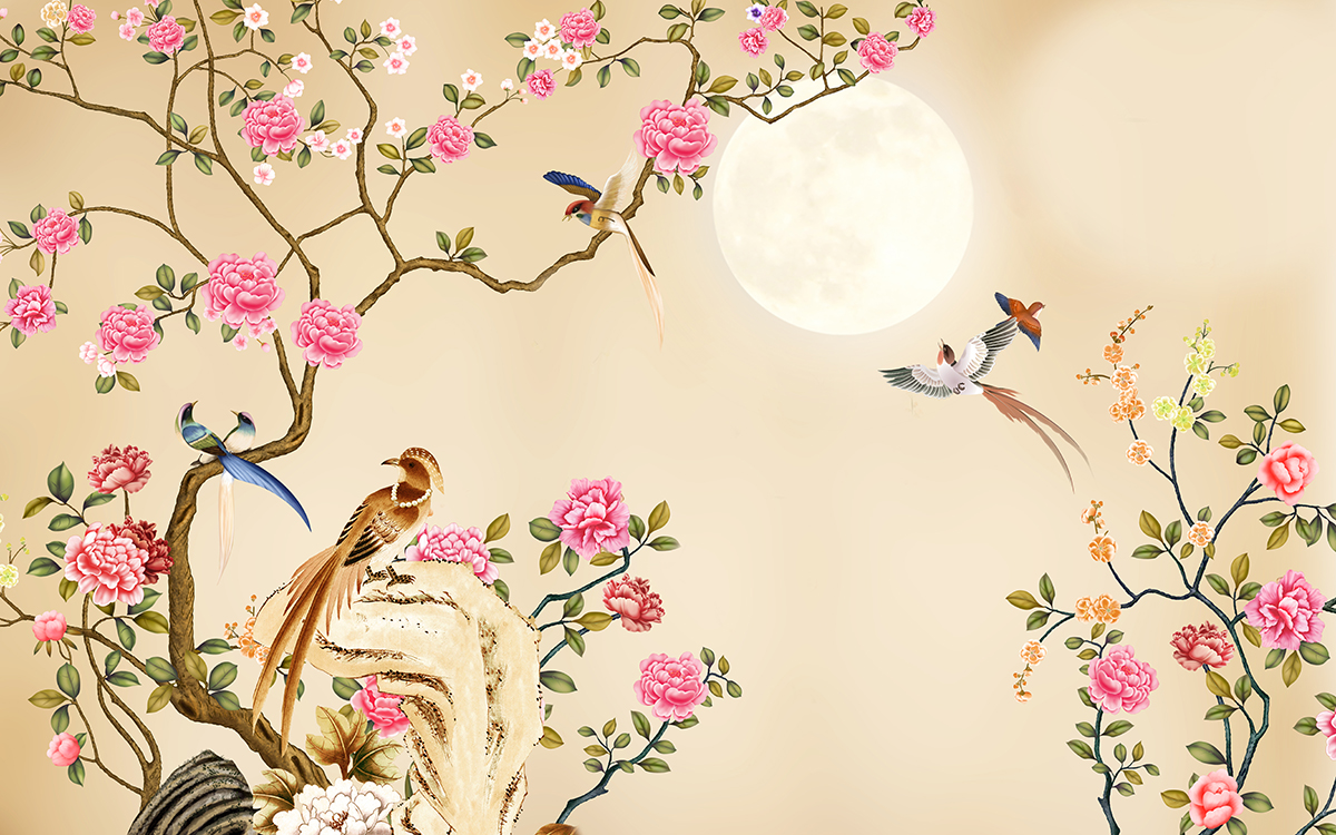 A wallpaper with birds and flowers