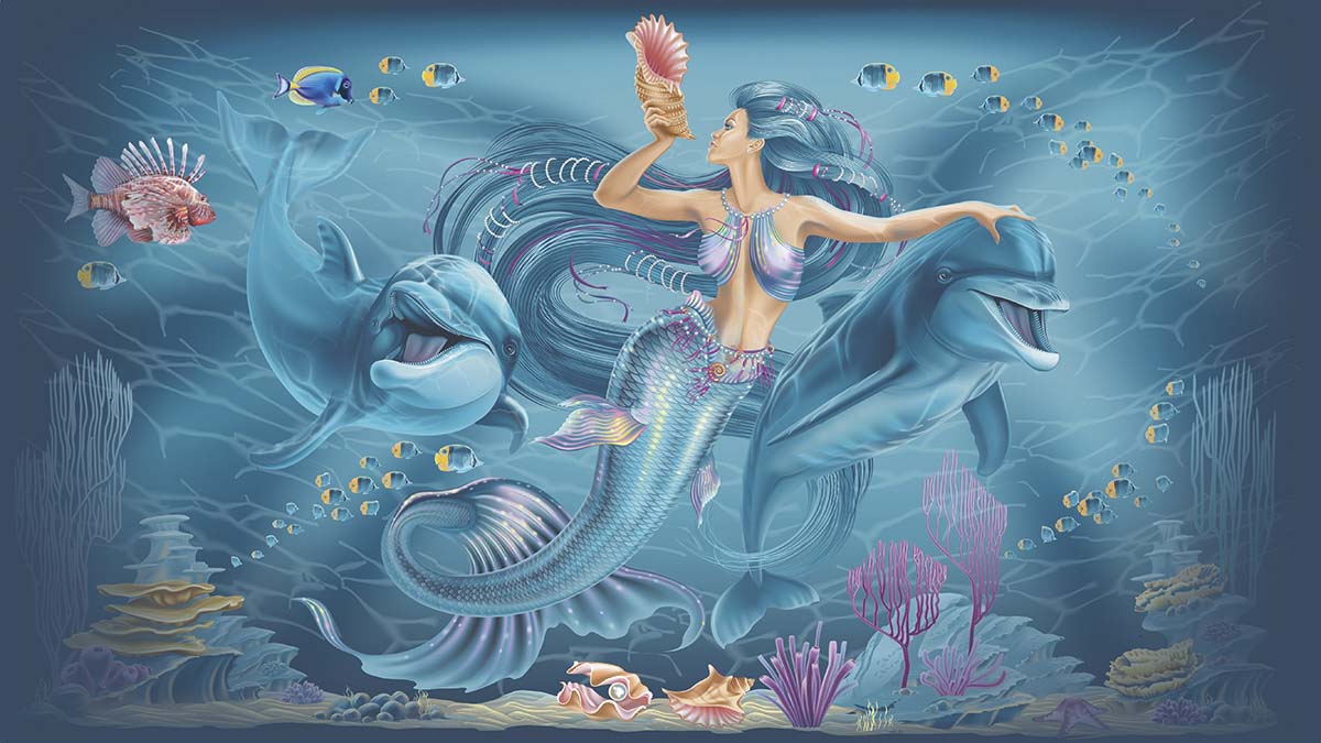 A mermaid and dolphins in the water