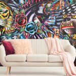 A wall with colorful drawings