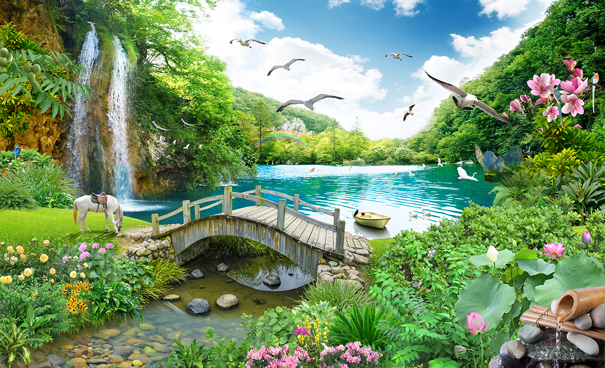 A bridge over a body of water with a waterfall and birds flying