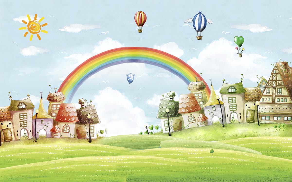 A cartoon landscape with a rainbow and houses