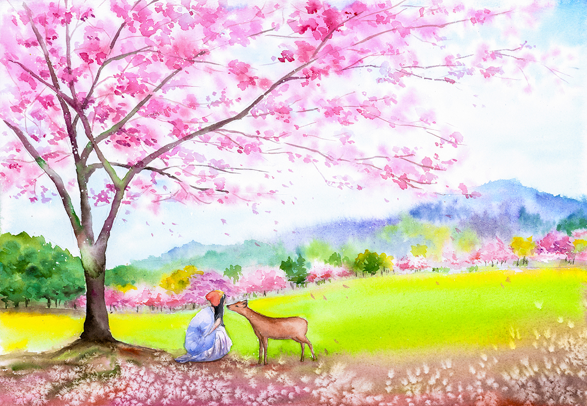 A watercolor of a woman and a deer under a tree