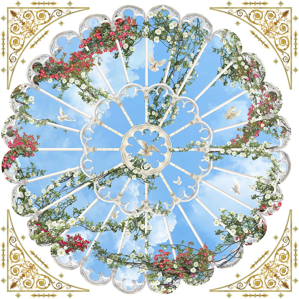 A circular ceiling with flowers and birds in the sky