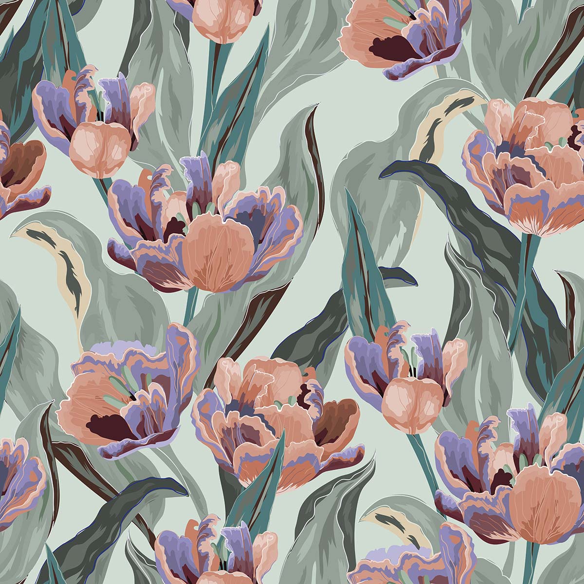 A floral pattern with flowers and leaves