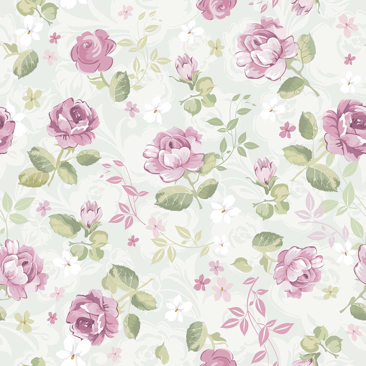 A pattern of pink flowers and leaves
