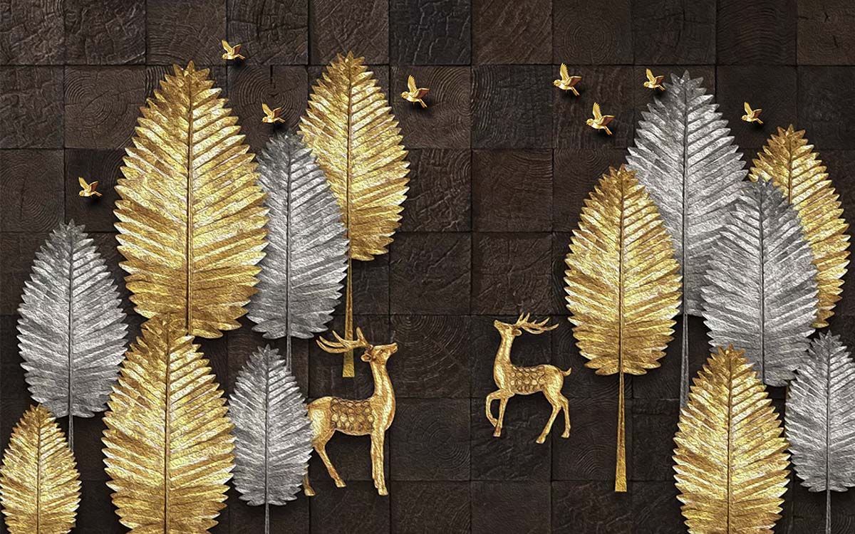 A gold and silver leaves and deer