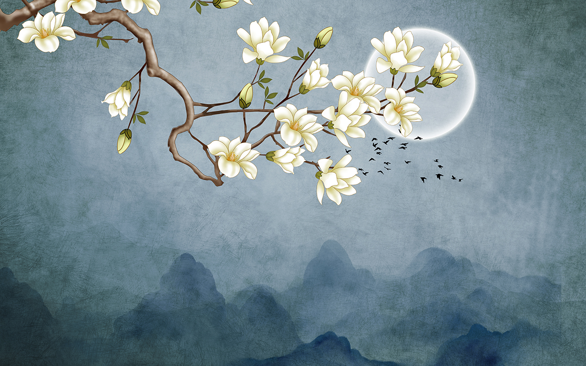 A painting of a tree branch with white flowers
