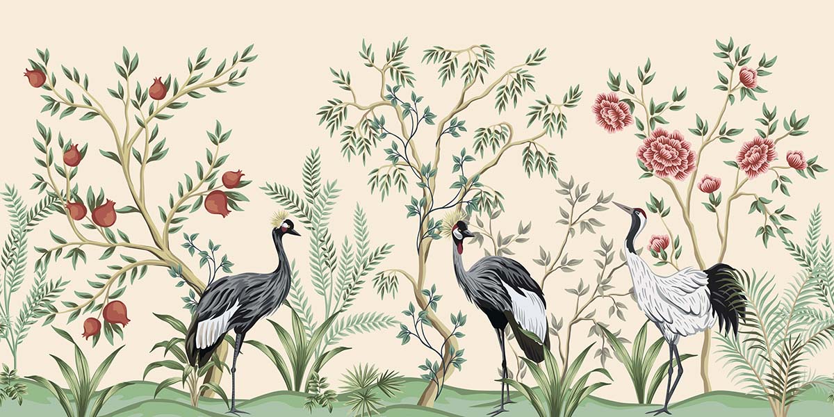 A wallpaper with birds and plants